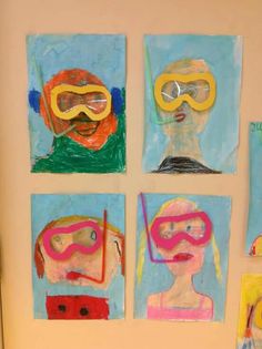 four paintings with different types of masks on them