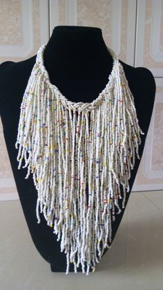 ON SALE African Beaded Fringe Necklace, African Jewelry, Beaded Necklace, Tribal Necklace, Boho Neck Traditional White Beaded Necklaces For Festivals, Traditional White Beaded Necklace For Festival, Handmade White Beaded Necklace For Festivals, Traditional White Beads For Festival, Traditional White Necklace With Colorful Beads, Bohemian White Polished Beads, Traditional White Beaded Necklaces With Colorful Beads, White Beaded Necklaces For Festivals, White Beaded Necklaces With Dangling Beads For Festivals