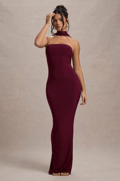 Nobu Burgundy Bandeau Maxi Dress With Halter-Collar – Club L London - USA Burgundy Cocktail Dress, Maroon Outfit, Burgundy Maxi Dress, Bandeau Maxi Dress, Club L London, Formal Fashion, Sleek Bun, Dinner Dates, Black Dress Prom