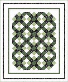 a green and white quilted design with black trimmings on the border is shown