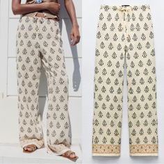 Brand : Zara Size : S Waist 40”-34” Hip 40” Inseam 34” Hi Rise 12” Length 43” Color : Cream Material : Cotton Polyester Condition : New Pull On Embroidered Drawstring Pockets Straight Leg No Stretchy Full Length 1642/247 Tag Classic Modern City Beach Resort Coconutgirl Summergirl Blogger Fav Travel Vacation Lagenlook Contemporary Summer Spring Hippie 70s Art To Wear Boho Bohemian Hawaii Tropical Coastal Cream Bohemian Pants For Spring, Beige Embroidered Straight Pants, Embroidered Straight Beige Pants, Embroidered Wide Leg Beige Pants, Embroidered Non-stretch Wide Leg Bottoms, Embroidered Beige Wide Leg Pants, Embroidered Wide-leg Beige Pants, Printed Cotton Ankle-length Pants, Bohemian Embroidered Beige Bottoms