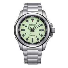 This Citizen Sea Land collection men's watch has a stainless steel barrel shaped case. The bracelet is made of stainless steel with double safety clasp. Dialluminous G300 offers legibility in any environment, green color, hands and markings with luminous. ABS steel fixed bezel. Mineral crystal, Eco Drive J810 movement with 8 months power reserve and analog display. Water resistance: 10 ATM. Diameter: 44 mm. Functions: Three hands and calendar. Modern Green Watch With Rectangular Dial, Modern Green Watch Accessories With Round Dial, Modern Green Watch Accessories With Rectangular Dial, Green Stainless Steel Watch Accessories With Round Dial, Modern Green Analog Watch Accessories, Modern Green Stainless Steel Watch Accessories, Modern Green Quartz Watches, Green Automatic Watch Accessories With Rectangular Dial, Modern Green Watch Accessories