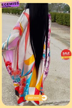 Fashion Sexy Print Asymmetrical V Neck Long Sleeve Dresses Asymmetrical Multicolor Maxi Dress, Asymmetrical Multicolor Maxi Dress For Beach, Cape Dress Fashion, V Neck Style, Asymmetrical Neckline, Long Sleeve Dresses, Cape Dress, Yellow Fashion, Sleeve Dresses