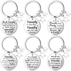 six different key chains with the words friends and family written on them, including one for each