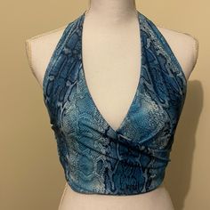 Sexy Snake Print In Blue. Halter Top Crop. Stretchy Size 10 ( M) I Also Have A Size 12 (L) Feel Free To Make An Offer Blue V-neck Halter Top For Spring, Fitted Y2k Blue Tops, Fitted Blue Y2k Tops, Fitted Blue Y2k Style Tops, Blue Club Tops For Spring, Blue Tops For Spring Club Season, Blue Tops For Club And Spring Season, Chic Blue Triangle Halter Top, Blue Stretch Crop Top For Club