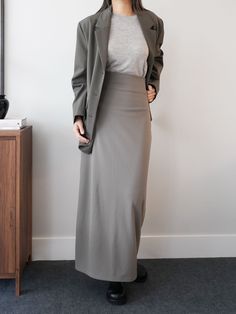 Size: Total Length: 100cm WAIST: 34cm HIP: 49cm Color: Gray Material: Cotton 90, Poly 10 Care: Dry clean Long Grey Skirt, Long Skirt Outfits, Womens Skirts, Jersey Skirt, Outfit Inspo Fall, Gray Skirt, Skirt Outfits, Long Skirt, Outfit Ideas