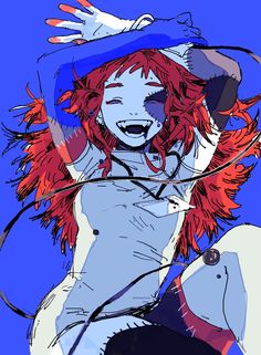 a drawing of a woman with red hair wearing a blue hat and holding a white dog