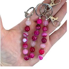 Nwt. Smoke/Pet Free. Handmade By Me. Length Approx 5.5 Inches Laid Flat. Each Keychain Varies Slightly In Stone Coloring As Shown. Sold Individually. Dark Pink Beaded Key Chain, Pink Agate Beaded Necklaces, Pink Agate Beaded Necklace, Pink Sterling Silver Jewelry With Round Beads, Pink Beaded Chain Jewelry For Gift, Pink Agate Beaded Necklaces With Round Beads, Nickel-free Pink Round Beaded Jewelry, Agate Beaded Chain Necklaces As Gifts, Agate Beaded Necklace As A Gift