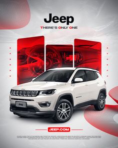 an advertisement for the jeep brand is shown in red and white with images of cars on it