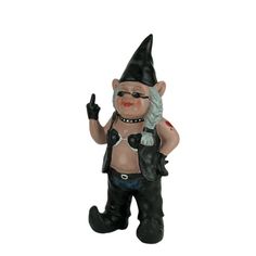 a gnome figurine with an evil look on his face and hands in the air