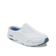 Easy Spirit-Travel Time Slip-On Sneaker Slide into sporty comfort with the Travel Time slip-on sneaker from Easy Spirit. With an orthotic-friendly removable footbed and thick foam midsole, this clog-inspired pair gives you the support you need. Easy Spirit, Women Travel, Travel Time, Female Travel, Sneakers White, Time Travel, Slip On Sneaker, Clogs, Slip On