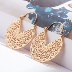 Very Beautiful..Not Heavy At All..Lightweight. Bohemia Boho Earrings Geometric Size: 5.1cm Color: As Shown, Goldtone Filigree Hoop Earrings, Large Dangle Earrings, Engagement Earrings, Hanging Jewelry, Gold Statement Earrings, Alloy Earrings, Filigree Earrings, Geometric Jewelry, Metal Earrings