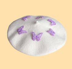 Carefully hand-sewn and crafted, this beret is made of a soft wool that can keep you comfortable. This beret will undoubtedly highlight you and give you confidence!  Size is about 50.0 - 60.0 cm. Dry clean only. Find me on instagram: Chubby__bubble__ White Beret, Cute Beret, Hat For Winter, Embroidery Butterfly, Applique Tutorial, French Beret, Cute Beanies, Cute Hat, Crochet Butterfly