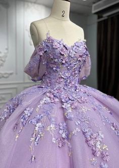 Lavender Quinceanera Ball Gown Pearl and Embroidered Lace With 3D Flowers, off Shoulder Sleeves and Sweetheart Neckline, Corset Back, Train - Etsy Elegant Quinceanera Dress With Floral Applique, Elegant Floral Applique Quinceanera Ball Gown, Elegant Quinceanera Dress With Floral Applique For Debutante Ball, Sweetheart Neckline Ball Gown With Floral Applique For Wedding, Prom Season Off-shoulder Quinceanera Dress, Off-shoulder Quinceanera Dress For Wedding In Prom Season, Purple Sweet Sixteen Dresses, Lilac Quinceanera Dresses, Lavender Quinceanera