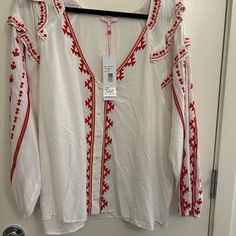 This Is A Gorgeously Embroidered Blouse Perfect For Warmer Months Made By Parker Purchased At A High-End Department Store Red And White Embroidery Is Gorgeous Lattice Work In The Embroidery Please Know Your Size In Each Designer I Do Not Have Time To Measure. Red Embroidered V-neck Top For Spring, Red V-neck Embroidered Top For Spring, Red V-neck Embroidered Summer Top, Red V-neck Embroidered Top For Summer, Embroidered Red Blouse For Vacation, Red Top, White Embroidery, Red Blouses, Embroidered Blouse