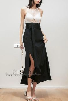 Fisdy - Exquisito vestido con cinturón y falda de tres piezas de satén importado