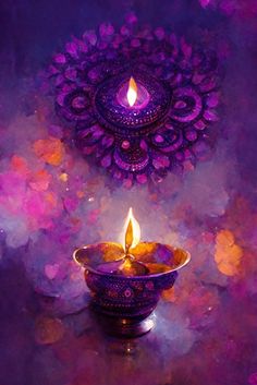 a painting of a lit candle on a purple background