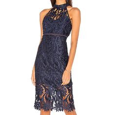 French Navy Color Summer Lace Dress For Night Out, Midi Length, Summer Lace Midi Dress For Night Out, Blue Sheath Midi Dress For Party, Chic Navy Midi Dress For Evening, Navy Fitted Midi Dress, Navy Knee-length Evening Dress, Blue Midi Length Dress For Date Night, Navy Midi Length Evening Dress, Chic Midi-length Lace Party Dress