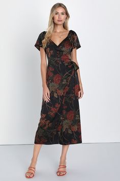 You'll be ready for a chic celebration in the Lulus Subtle Elegance Black Floral Print Faux Wrap Midi Dress! Satin-like woven fabric boasts an understated floral print across short flutter sleeves (with elastic at the shoulders) and a surplice bodice. Faux wrap silhouette has an overlapping skirt with a sash tie at the side, finishing at a midi hem. Hidden zipper/clasp at back. Fit: This garment fits true to size. Length: Mid-calf length. Size medium measures 48.5" from shoulder to hem. Bust: Gr Black Floral Print Dress, Fall Wedding Guest Dress, Lulu Fashion, Midi Ruffle Dress, Black Floral Print, Wedding Guest Dresses, Wrap Midi Dress, Wedding Guest Dress Summer, Wrap Dress Floral