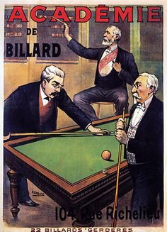 an advertisement for billiard featuring two men playing pool and one is holding a racket