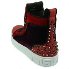 Encore Fiesso Men's Fashion High Top Sneakers with Spikes Red FI 2348 Size 8 -13 PU Faux Leather Upper, PU Lining and Rubber Sole Lace up Spikes in the back of the shoes Trimmed in Red and Burgundy Velvet White Bottoms Burgundy High-top Sneakers For Streetwear, Red High-top Custom Sneakers With Studded Outsoles, Red Casual Custom Sneakers With Studded Outsoles, Designer Low-top Winter Sneakers, Red Winter Sneakers With Rubber Sole, Designer Winter Sneakers For Streetwear, Winter Lace-up Sneakers With Red Sole, Designer Red High-top Sneakers With Round Toe, Designer Red Lace-up High-top Sneakers