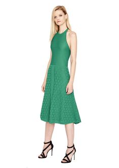 Dory - Women's Textured Chartreuse Yellow Polka Dot Midi Dress. Green polka dot dress with a halter top. Textured dress offers a back zipper and a 29 inch length from the waist. A 1-1/8 inch polka dot pattern adorns this sleeveless dress. Women's polka dot dress features a stretch pique knit with a fully lined bodice. Italian yarn, 85% viscose and 15% elite polyamide blend. Dry clean only. Product of France. Womens Polka Dot Dress, King Of Prussia Mall, Green Polka Dot Dress, Polka Dot Midi Dress, Yellow Polka Dot, Textured Dress, Green Polka Dot, Green Midi Dress, Knitwear Design