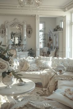 a living room filled with white furniture and lots of pillows on top of it's floor