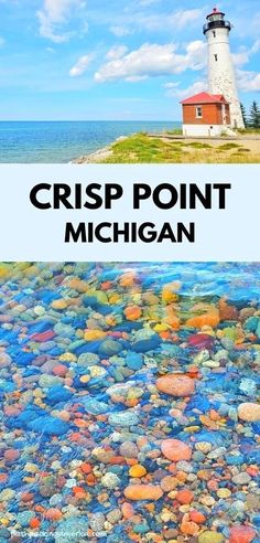 an image of a lighthouse with the words crisp point michigan on it and rocks in the water