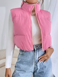 Puffer Vest Styling, Shein Hoodies, Pink Vest Outfit, Chaleco Puffer, Outfit Rosa, Puffer Vest Outfit, Adrette Outfits, Winter Mode Outfits, Outerwear Women Winter