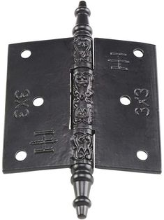 a black metal door hinge with ornate designs on the front and back sides,