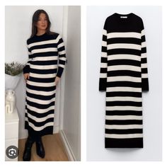 Nwt Zara Long Knit Dress White Midi Sweater Dress For Fall, White Ribbed Midi Dress For Winter, Chic Long Striped Dress, Chic Knitted Midi Sweater Dress, Chic Knitted Midi Length Sweater Dress, White Knit Midi Sweater Dress, White Knit Dresses For Work, Casual Long White Sweater Dress, White Winter Maxi Dress