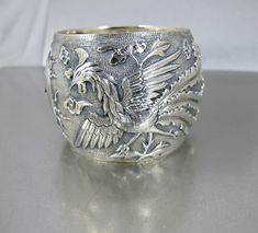 Antique Chinese Sterling Bracelet. Wide Sterling Silver Dragon Phoenix Storyteller Wedding Bracelet Qing Dynasty. Dragon Phoenix, Oyster Bay, Vintage Shopping, Sterling Bracelets, Silver Dragon, Upcycled Jewelry, Old Jewelry, Qing Dynasty, Pin Jewelry