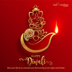 happy diwali festival of lights on red background with golden lettering and an intricate design