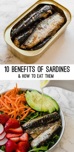 two pictures showing different types of sardines and how to eat them with strawberries