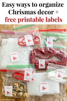 christmas decorations and free printable labels are on the table with text overlay that says, simple ways to store holiday decor + free printable labels