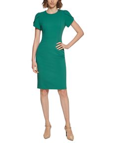 in stock Fitted Green Cap Sleeve Dress, Fitted Green Midi Dress With Pleated Sleeves, Fitted Midi Sheath Dress With Pleated Sleeves, Green Pleated Sleeve Dress For Work, Green Workwear Dress With Pleated Sleeves, Calvin Klein Sheath Midi Dress For Work, Calvin Klein Sheath Midi Dress For Office, Calvin Klein Knee-length Bodycon Workwear Dress, Fitted Midi Dress With Pleated Sleeves