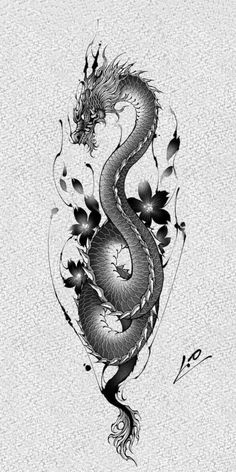 a black and white drawing of a dragon with flowers on it's back side