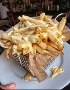 a basket filled with french fries covered in cheese on top of a white saucer