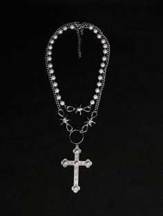 Two-piece set Pearl necklace and Cross necklace Separate as you like Titanium steel Color: Silver Size: Pearl necklace circumstance: 42+5cm Cross necklace circumstance: 50+5cm Cross size: 54*8mm Goth Angel, Bohemian Goth, Pearl Cross Necklace, Cross Choker, Eyeliner Makeup, Pearl Necklace Set, Punk Jewelry, Pretty Jewelry, No Eyeliner Makeup