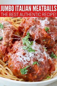 large Italian meatballs in marinara sauce in bowl with spaghetti Big Meatballs Recipe, Meatballs Italian Sausage, Authentic Italian Spaghetti And Meatballs, Large Turkey Meatballs, Jumbo Italian Meatballs, Italian Stuffed Meatballs, Real Italian Meatballs Recipe, Large Italian Meatball Recipes, Giant Meatballs Baked