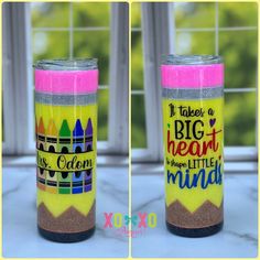 two pictures of the same cup with different colored crayons on it and one has writing