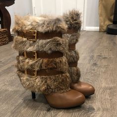 Authentic Rabbit Fur Boots With Gold Hardware. Pristine Condition. European Size 36.5 Ships Same Or Next Day. High Heel Boots With Fur, Gyaru Winter Fashion, Y2k Fur Boots, Luxury Brown Heeled Boots For Winter, Luxury Brown Winter Heeled Boots, Fergalicious Boots, Unusual Shoes, Boots With Straps, Weird Shoes