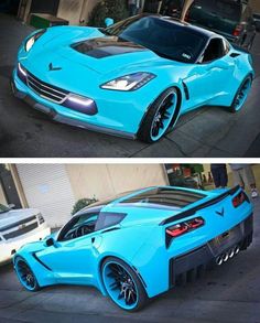 two pictures of the same blue sports car