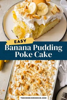 easy banana pudding poke cake recipe on a plate