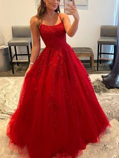 Silhouette:?A Line Waist: Natural Sleeve Length:?Sleeveless Fabric: Lace, Tulle Shown Color: Red Built-In Bra: Yes Tulle Dress Long, Red Lace Prom Dress, Red Spaghetti, Red Ball Gown, Lace Prom Dresses, Formal Dresses Graduation, Prom Dresses Elegant, Lace Ball Gowns, Homecoming Dresses Long