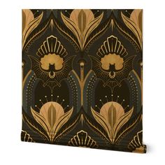 an art deco style wallpaper with gold and black designs on the front, in shades of