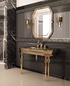 a bathroom with a sink, mirror and marble counter top in gold trimmings