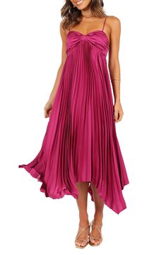 Petal & Pup Vikki Pleated Sleeveless Satin Maxi Dress | Nordstrom Wedding Guest Dress For Dancing, Midi Semi Formal Dress, Dress To Impress Wedding Guest, Jewel Tone Dresses Semi Formal, Jewel Toned Dresses, Jewel Toned Dress, Summer Semi Formal Wedding Guest Attire, Summer Engagement Party Outfit Guest, Formal Summer Wedding Guest Dress