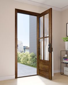 an open wooden door in a living room