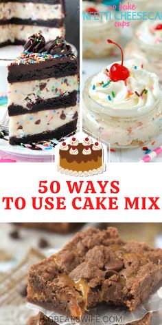 the cover of 50 ways to use cake mix, with pictures of cakes and desserts